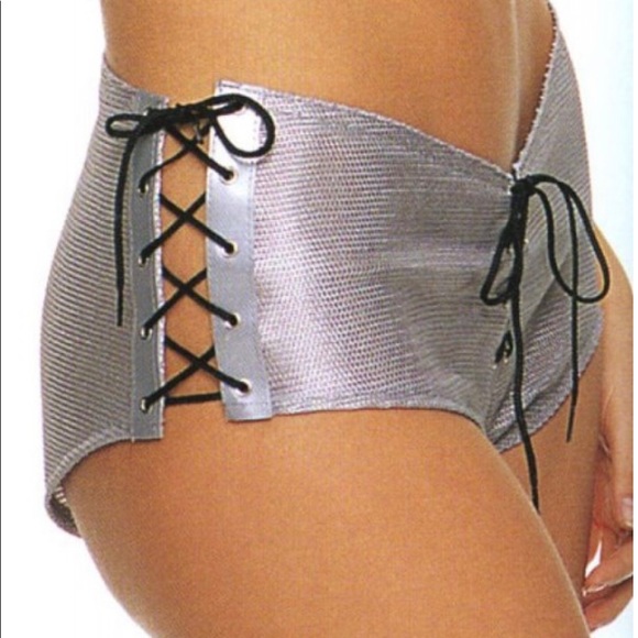 Silver Vinyl Mesh Lace Up V Front Shorts With Lace Up Sides - Picture 1 of 3